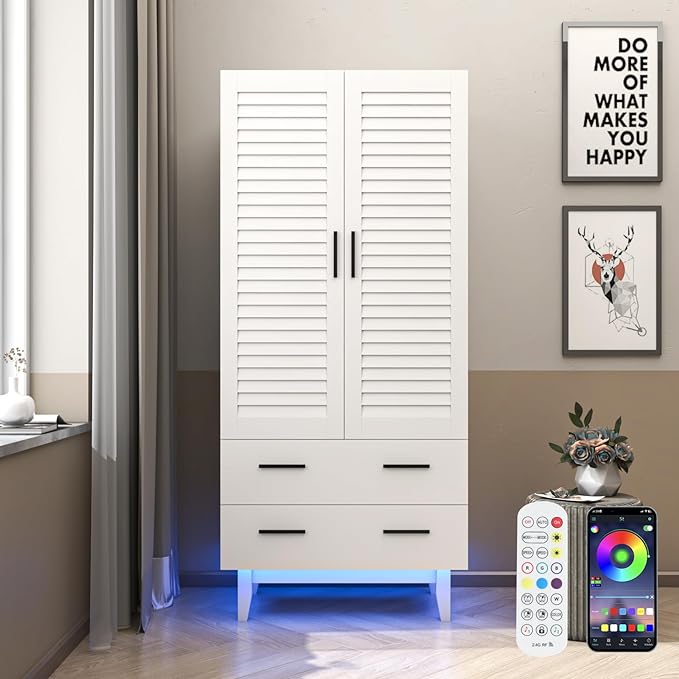 3 Door Armoire Wardrobe Closet Cabinet with Drawers and LED Lights