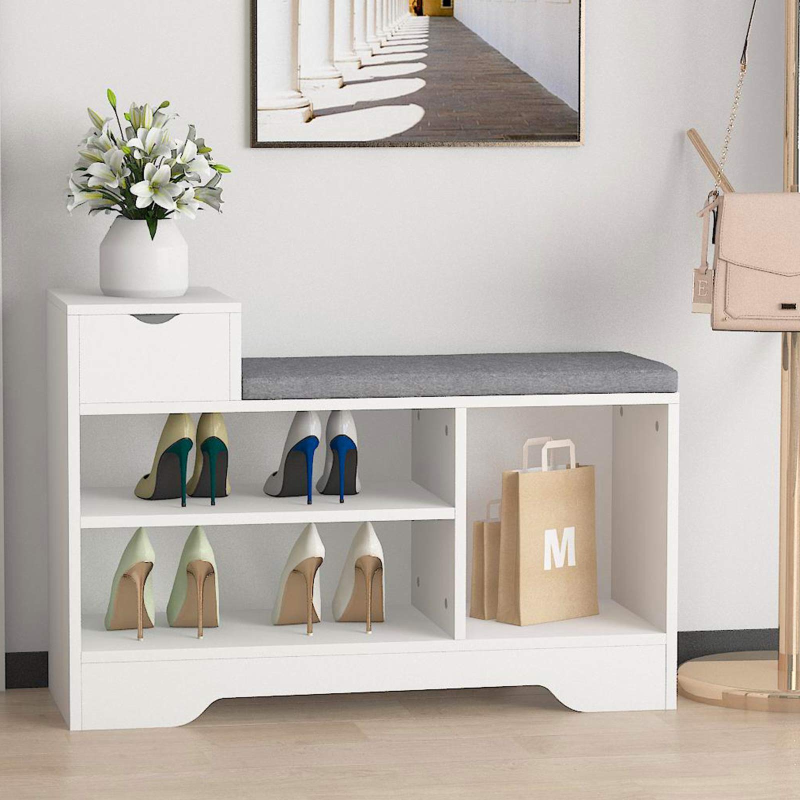 Shoe Storage Benches with Cushion Seating White