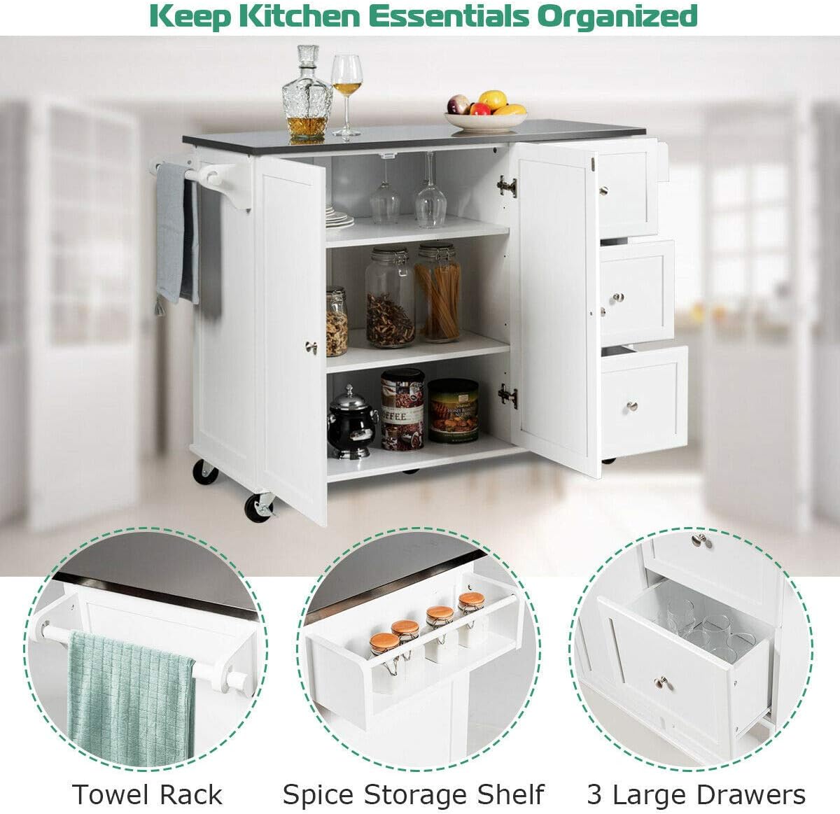 Kitchen Island with Stainless Steel Countertop, Kitchen Cart Rolling Trolley with Towel