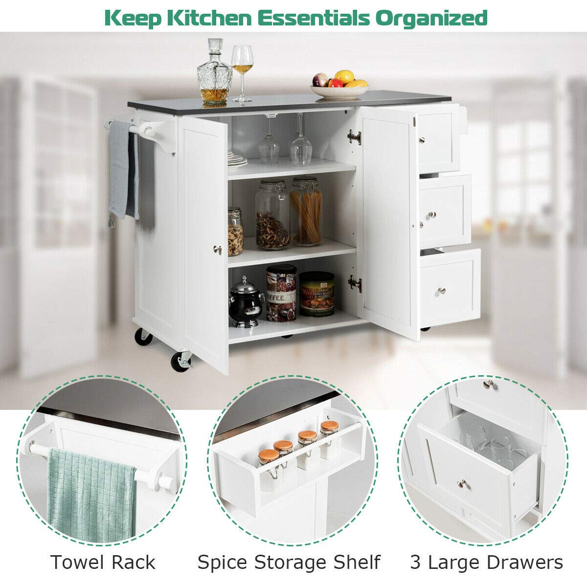 Kitchen Island with Stainless Steel Countertop, Kitchen Cart Rolling Trolley with Towel