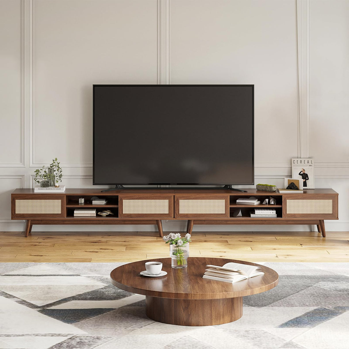 65'' Rattan TV Stand with Storage,Mid Century Modern TV Stand for Living Room