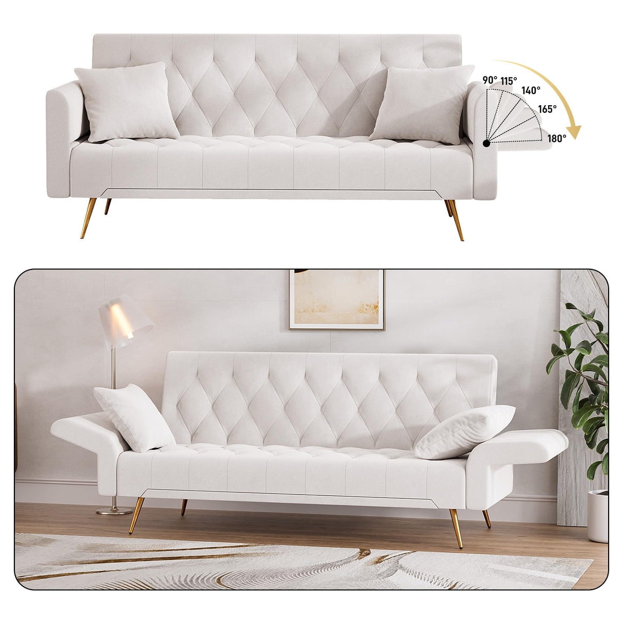 Modern Velvet Futon Sofa Bed, Small Couch, Loveseat, 71" Convertible Futon Sofa with Folding Armrests and 2 Pillows, Comfy Couch for Living Room, Bedroom, Beige