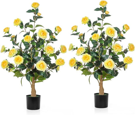 38" Artificial Camellia Trees for home decor indoor, 2 pack fake plants front porch decor,