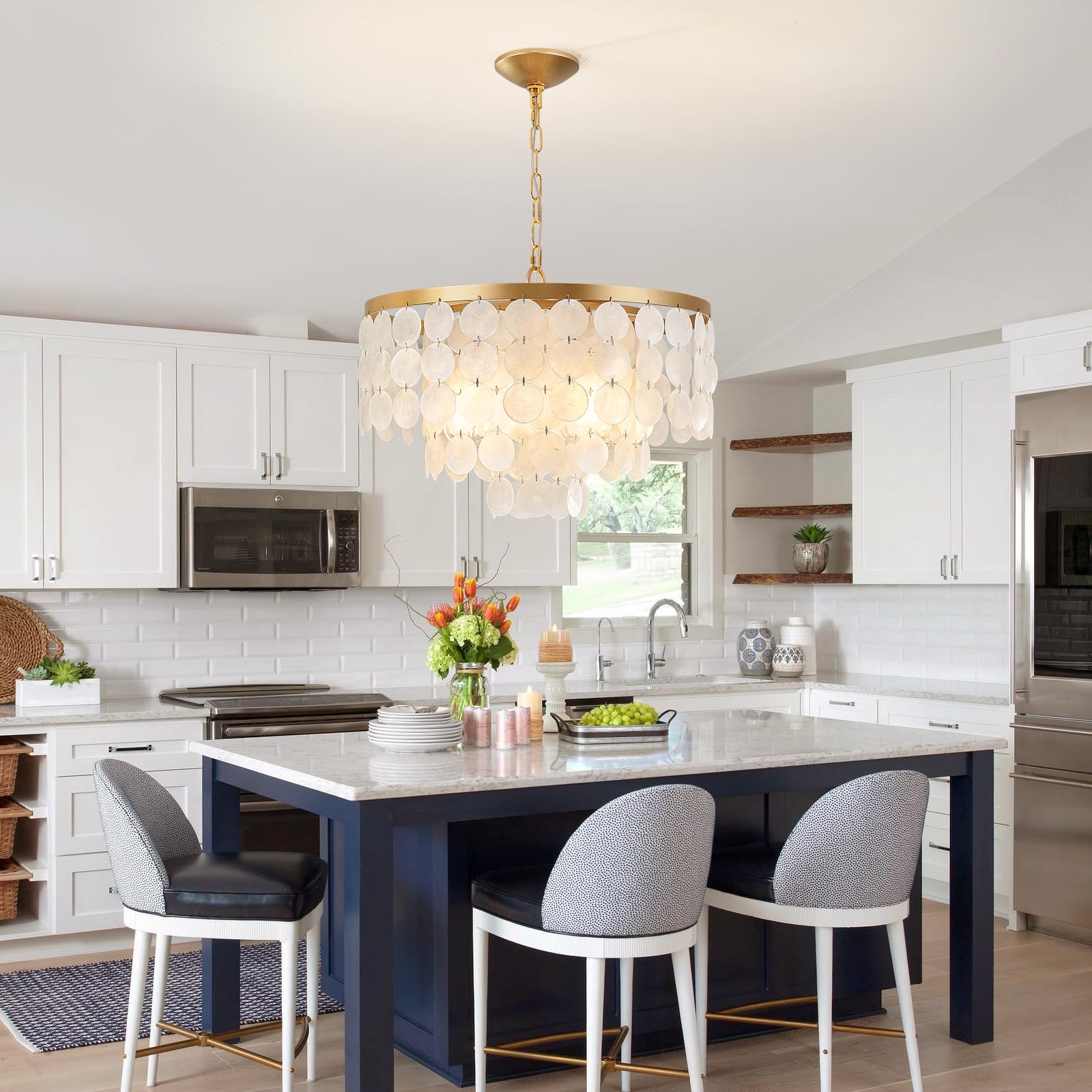 Shell Chandelier, White and Gold Chandelier Light Fixture with 4 Lights Capiz Seashell