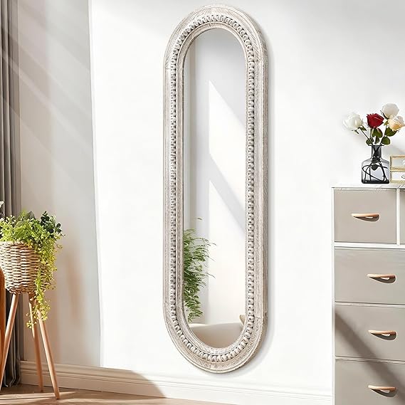 Oval Full Length Mirror with Beaded Wood Frame - 47"x16" Black Wall Mirror