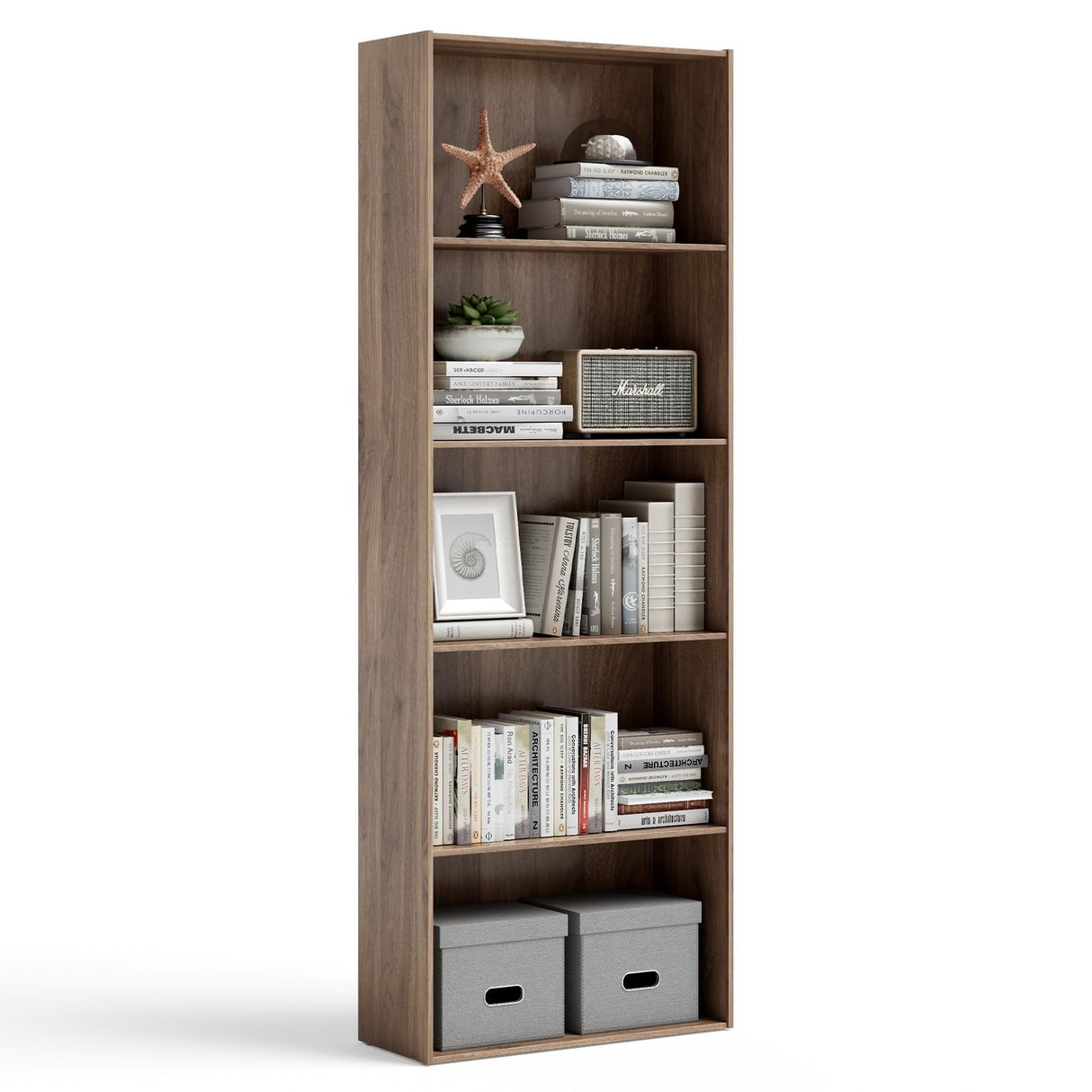 5-Shelf Bookcase, 23.5''L x 9.5''W x 67''H, Multi-Functional Wood Storage Display Open Bookshelf