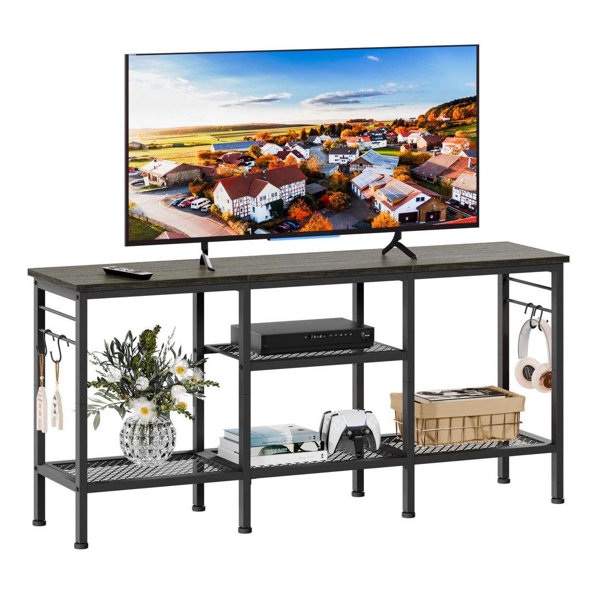 Furologee TV Stand for TVs up to 55 Inch, Entertainment Center with Open Storage Shelves, TV Media Console Table with Soundbar Shelf for Living Room, Bedroom, Black Oak
