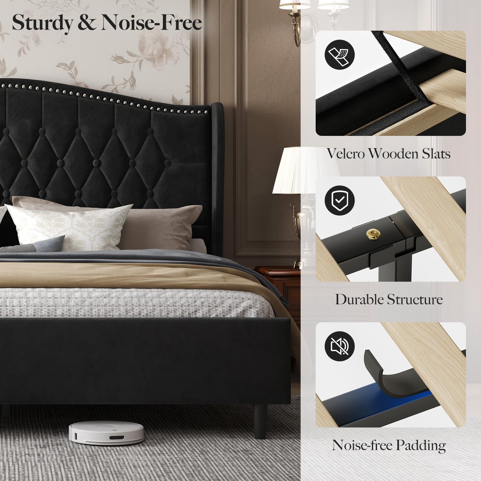 Queen Bed Frame with Upholstered Velvet Headboard - Black