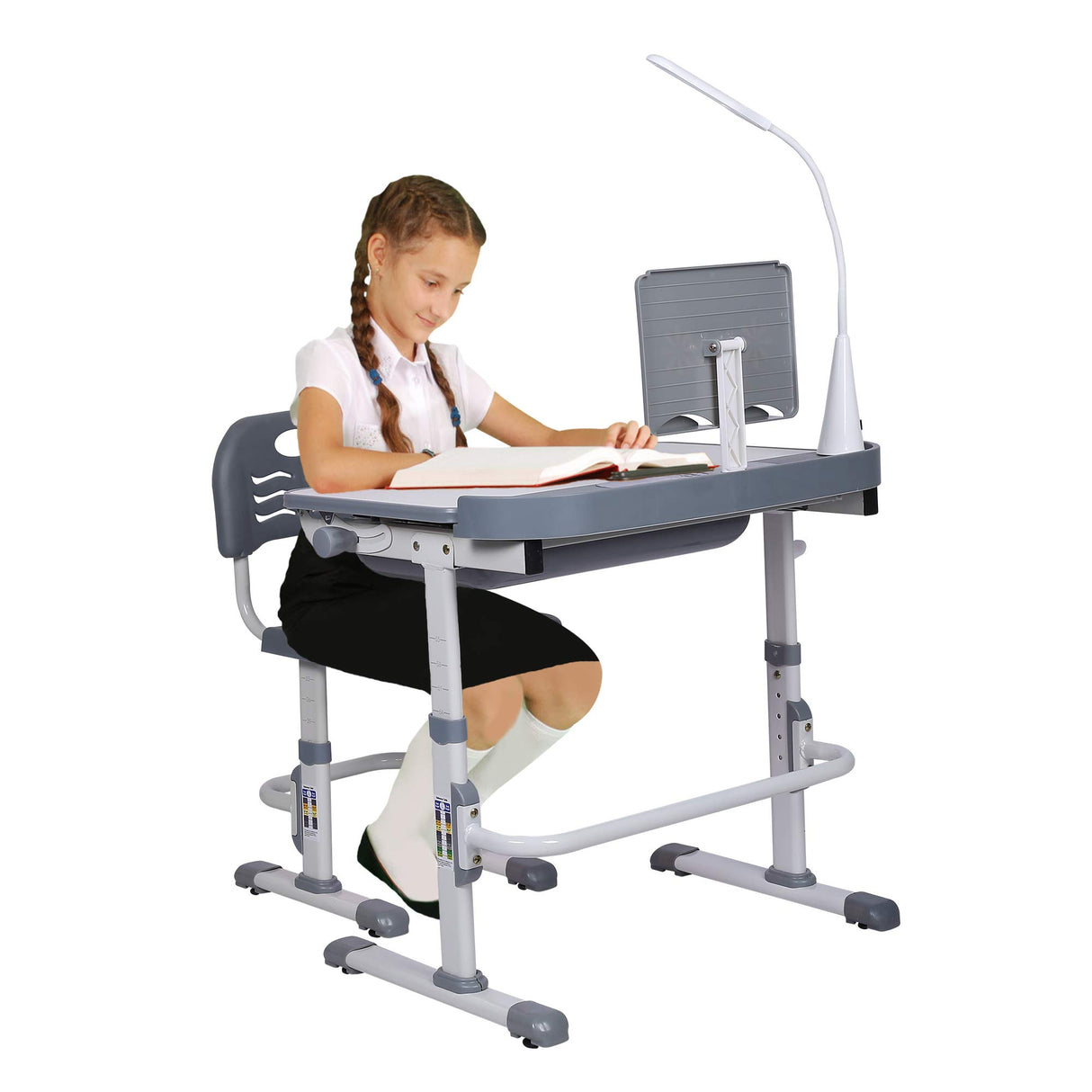 SMAGREHO Kids' Desk and Chair Set, Height Adjustable Child's School Study Writing Tables with Tilt Desktop, LED Light, Storage Drawer, Book Stand(Grey)