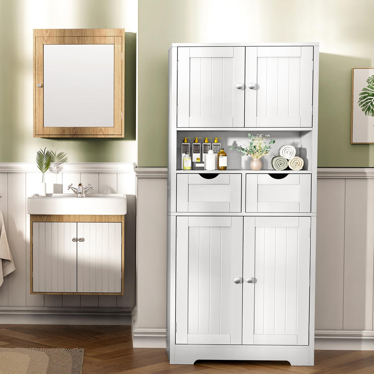 Tall Storage Cabinet, Bathroom Cabinet with Doors & Adjustable Shelves, Linen Cabinet with 2 Drawers