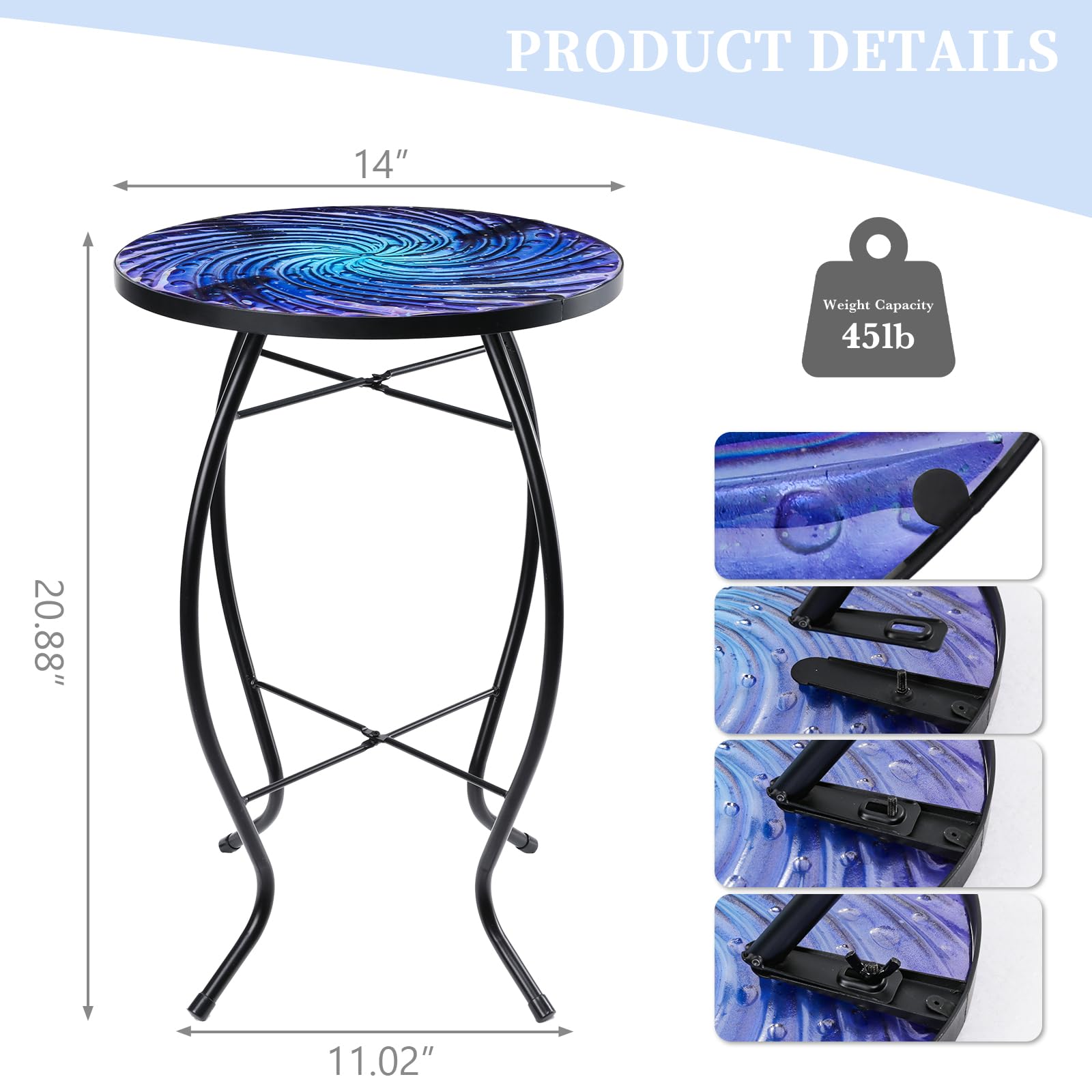 MUMTOP Outdoor End Tables for Patio, Deep Sea Round Side Table, Glass Accent Table for Outside, Garden, Balcony, Porch, Indoor Home Decor - Bircata