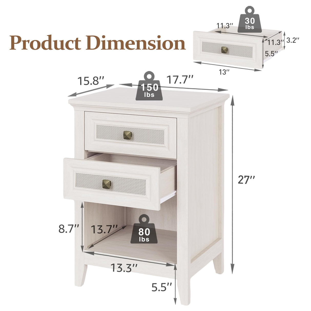 RoyalCraft Farmhouse Nightstand Set of 2, Boho Bedside Table with 2 Rattan Decor Drawers, Wood Accent End Table with Open Storage Shelf for Bedroom, Living Room, Home Office, Grayish White