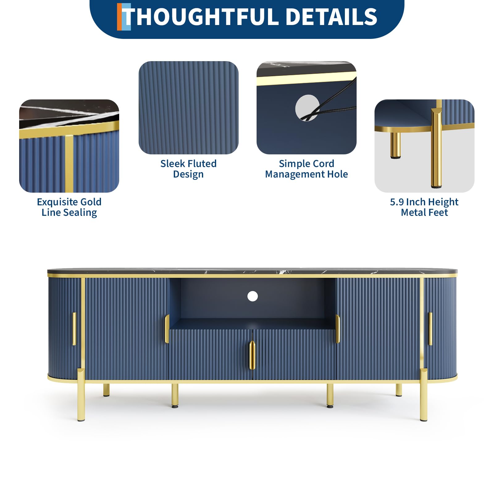 70-Inch Fluted TV Stand with Faux Marble Top - Navy Blue