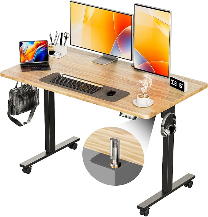 Electric Standing Desk Height Adjustable Computer Desk, 48 Inches Sit Stand Desk Workstations with Hook, Ergonomic Desk for Home Office Stand Up Desk with Wheels (Black)