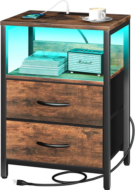 Nightstand with Charging Station, LED Night Stand with Fabric Drawers and Storage Shelf for Bedroom