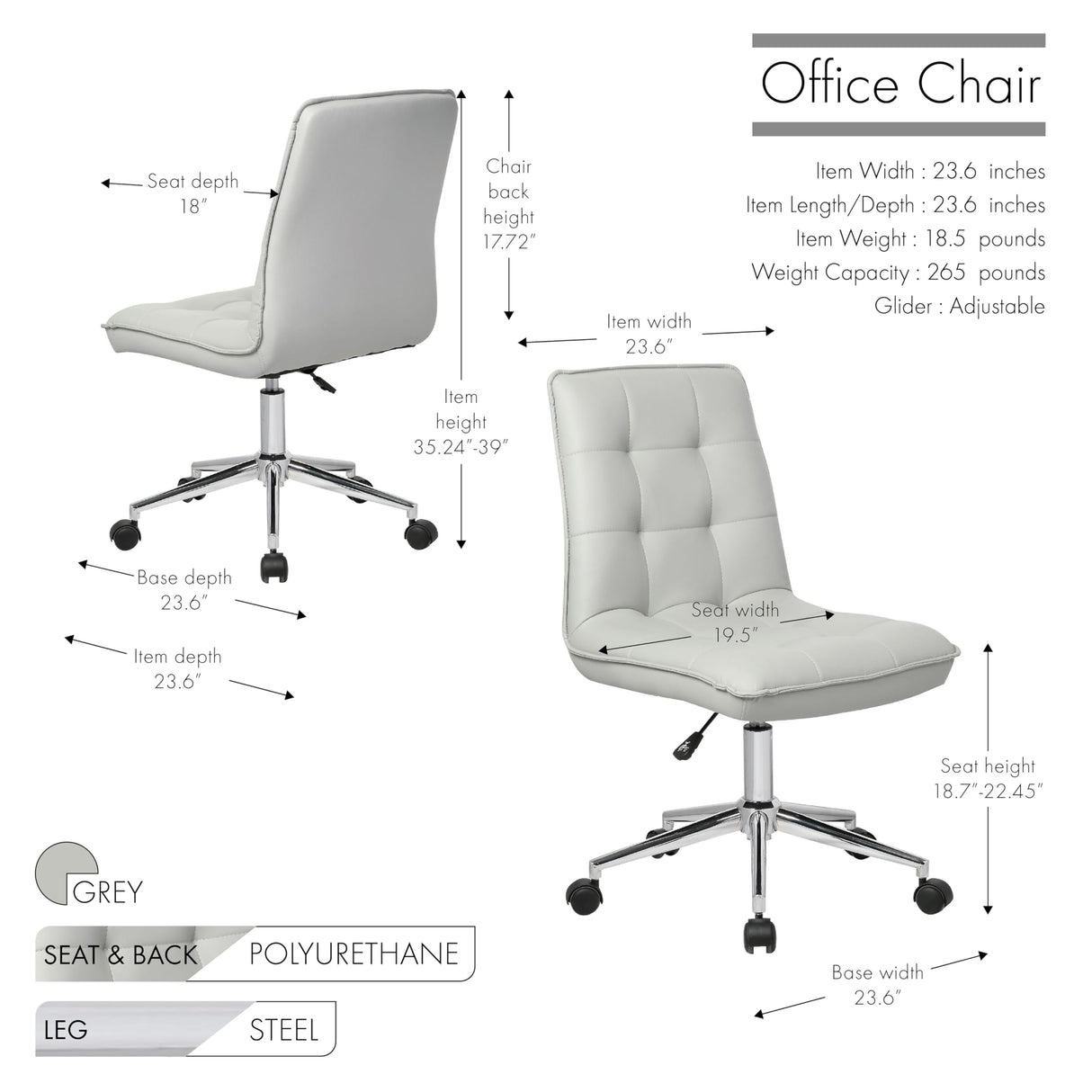 Porthos Home Leona Office Chair, Faux Leather Upholstery, Height Adjustable, 360-degree Swivel, Sleek Armless Design, Sturdy Steel Base with Caster Wheels, Great for Home Studio and Office