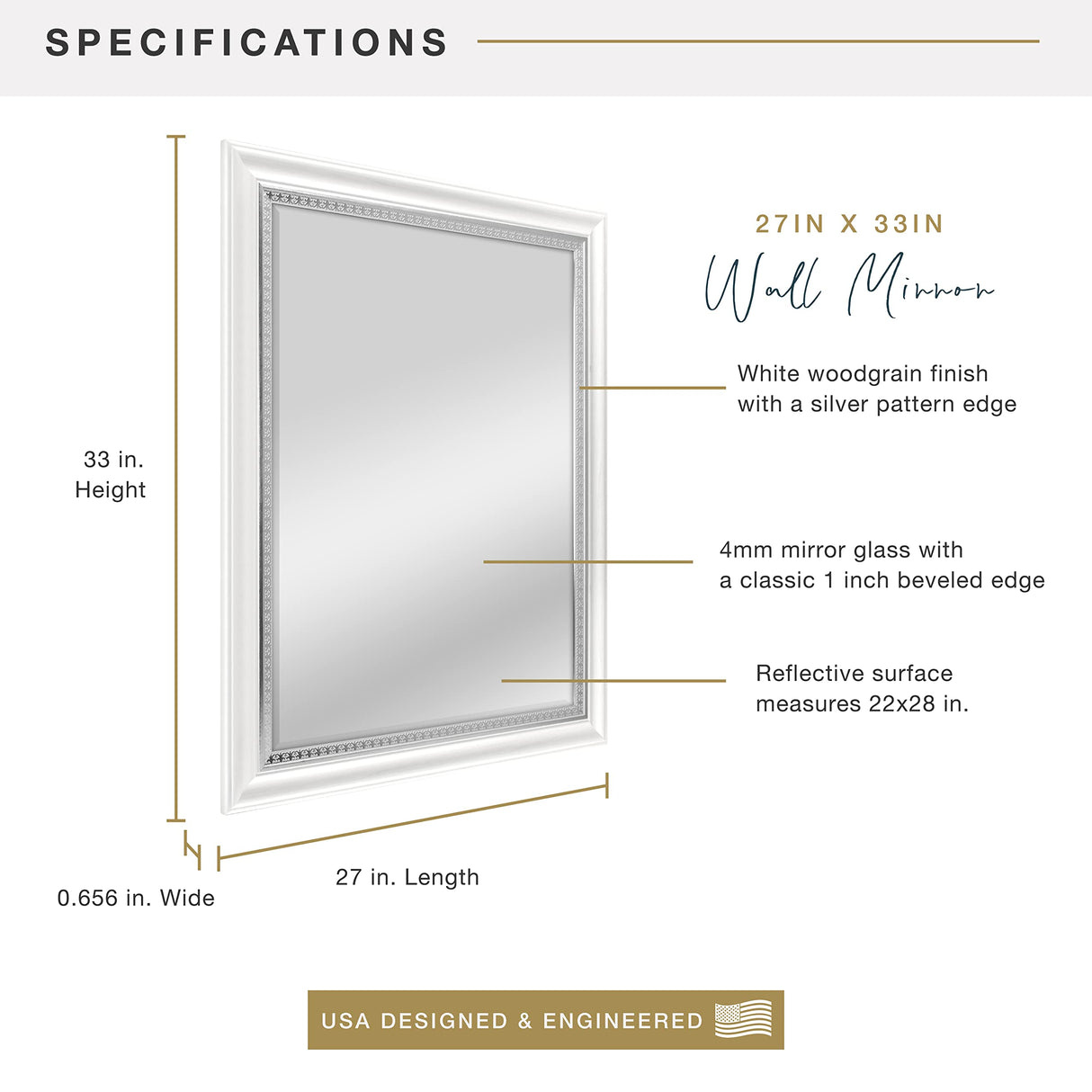 83049 22x28 Inch Embossed Accent Wall Mirror, 27 x 33 Inch, White Wood Grain