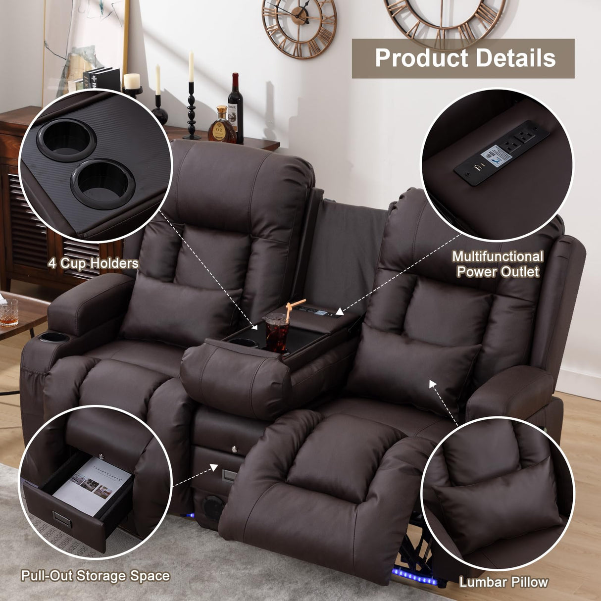 Home Theater Seating, Faux Leather Power Recliner Chair with Massage& Heat