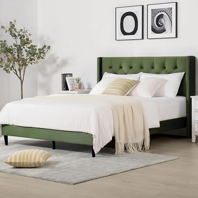 Bed Frame with Headboard Upholstered Button Tufted Platform Mattress Foundation