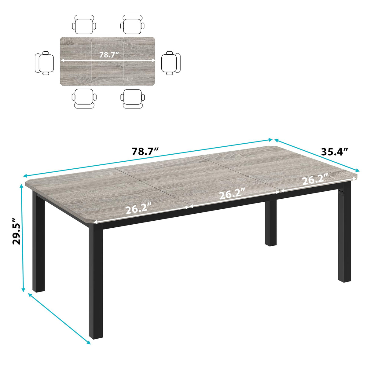 IDEALHOUSE Industrial Dining Table for 6~8 People, 78.7" Long Kitchen Table, Wood Dining Table, Kitchen & Dining Room Table, Rectangle Dining Room Table for 6 Ideal for Dinner Or Meeting - Grey