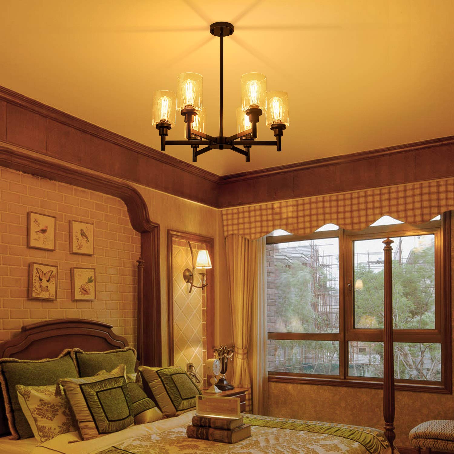 Farmhouse Chandelier with Cylinder Clear Glass 6 Light Vintage Black Bedroom Kitchen