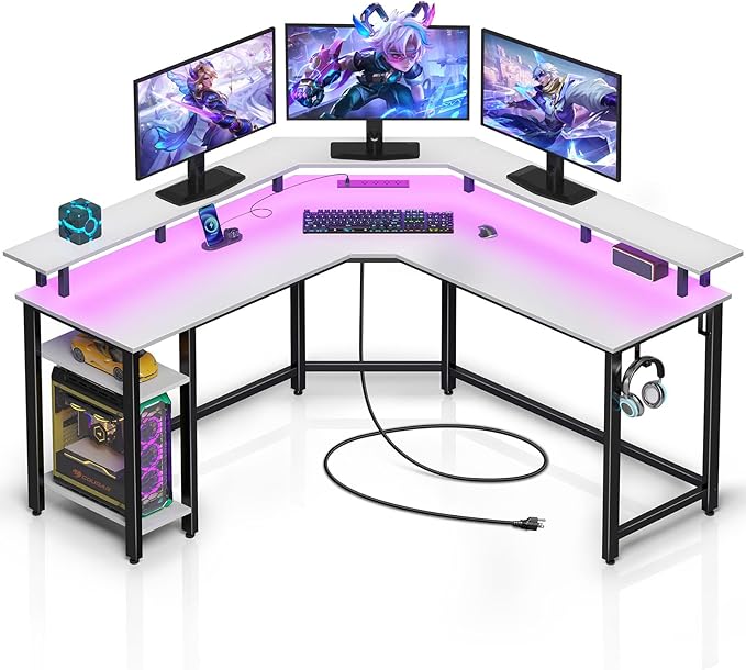 L Shaped Gaming Desk with LED Lights & Power Outlets, 56" Computer Desk