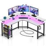 L Shaped Gaming Desk with LED Lights & Power Outlets, 56" Computer Desk