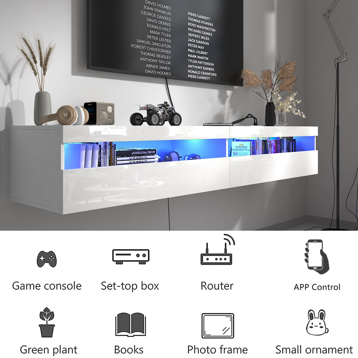 Floating TV Stand, Wall Mounted TV Shelf with Led Lights & Power Outlet