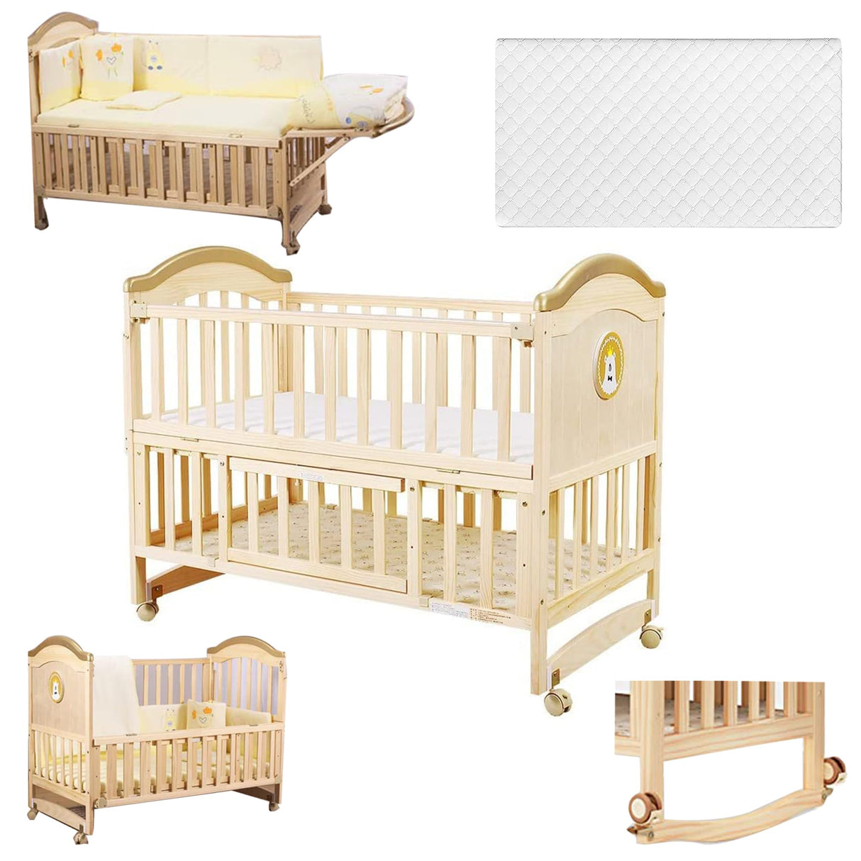 Mini Baby Crib 6 in 1 with Adjustable Memory Foam Mattress Included, 2024 Natural Wood Convertible Crib with Foldable Storage Baby Playpen,