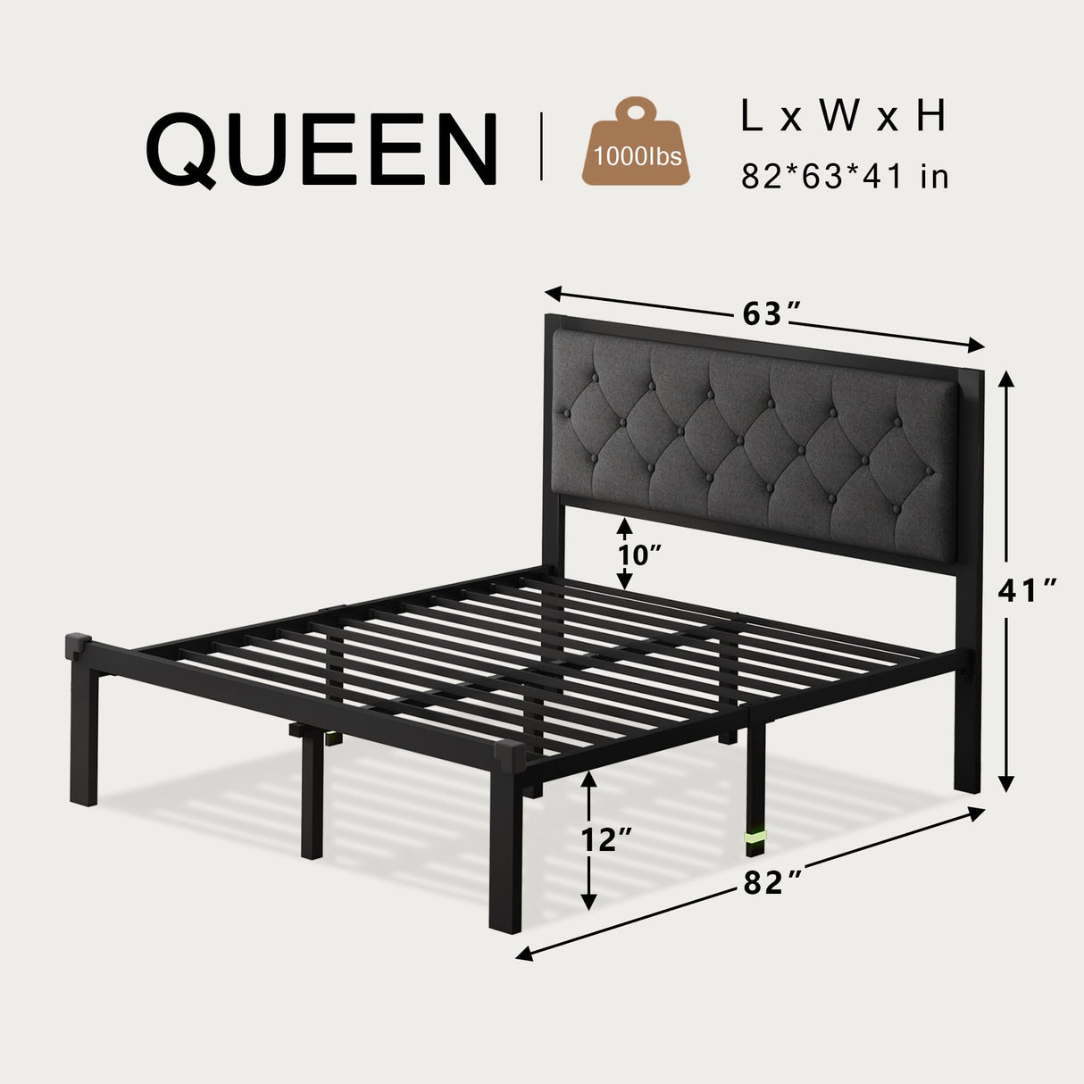 Queen Bed Frame, Metal Platform Bed Frame with Button Tufted Linen Upholstered Headboard,