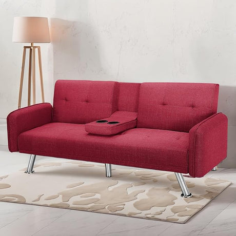 Sleeper Sofa Bed with Adjustable Backrest & Cup Holders, Futon Set with Metal Legs