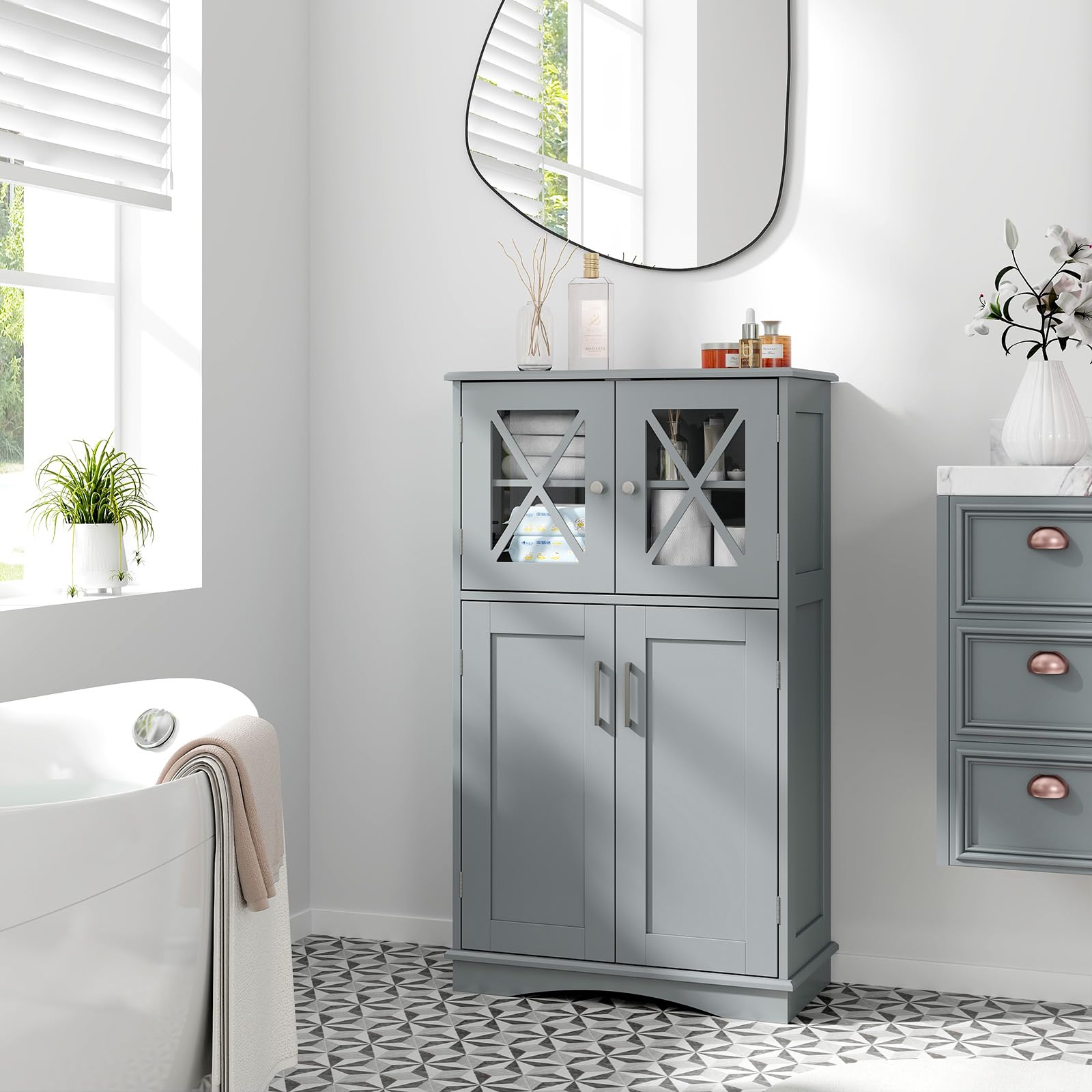 Bathroom Floor Storage Cabinet - Linen Floor Cabinet with Doors and Adjustable Shelves