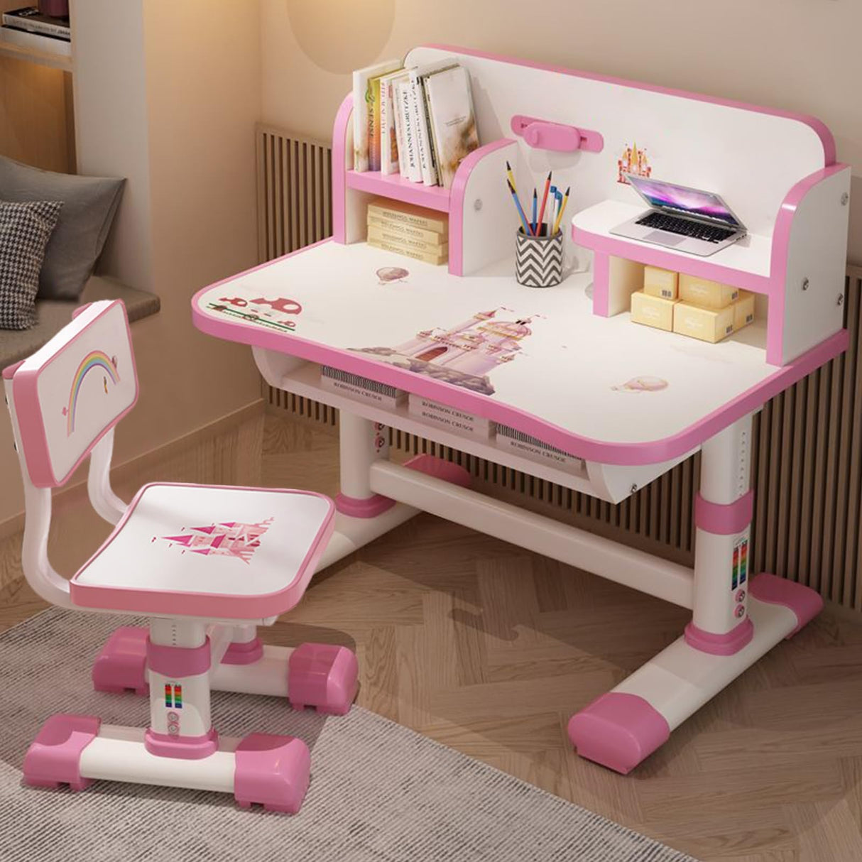 Desk and Chair Set- Height Adjustable Children School Study Desk with Castle Backboard
