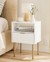Night Stand with Charging Station, Fluted Bedside Table with Gold Frame