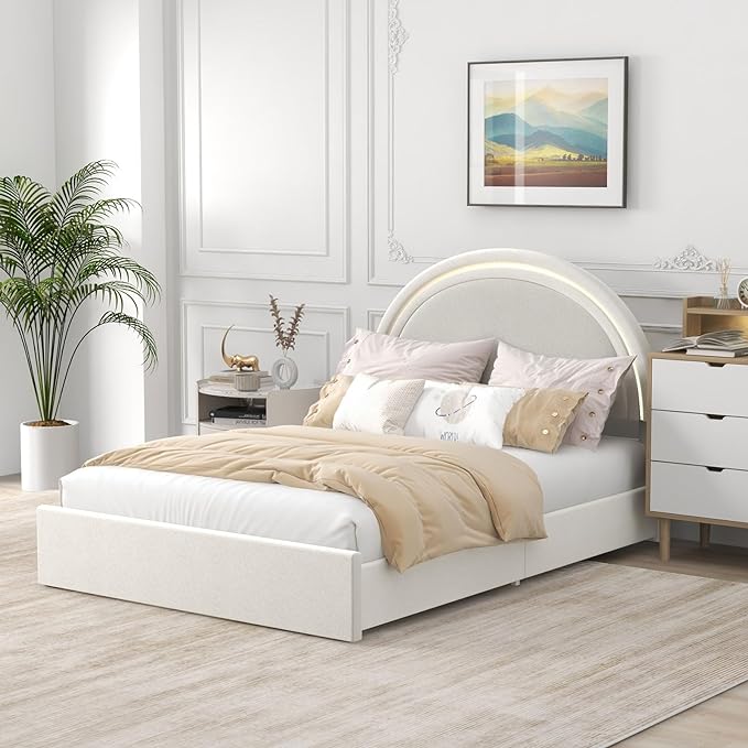 Full Size Bed Frame with Elegant Round Headboard, Platform Bed Frame with 4 Storage Drawers,