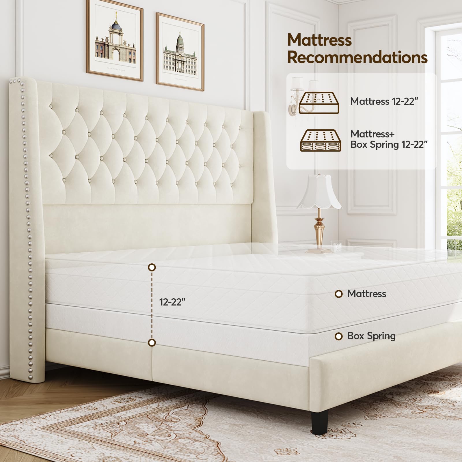 Queen Upholstered Bed Frame with 55" Tufted Headboard - Platform Bed, No Box Spring Needed