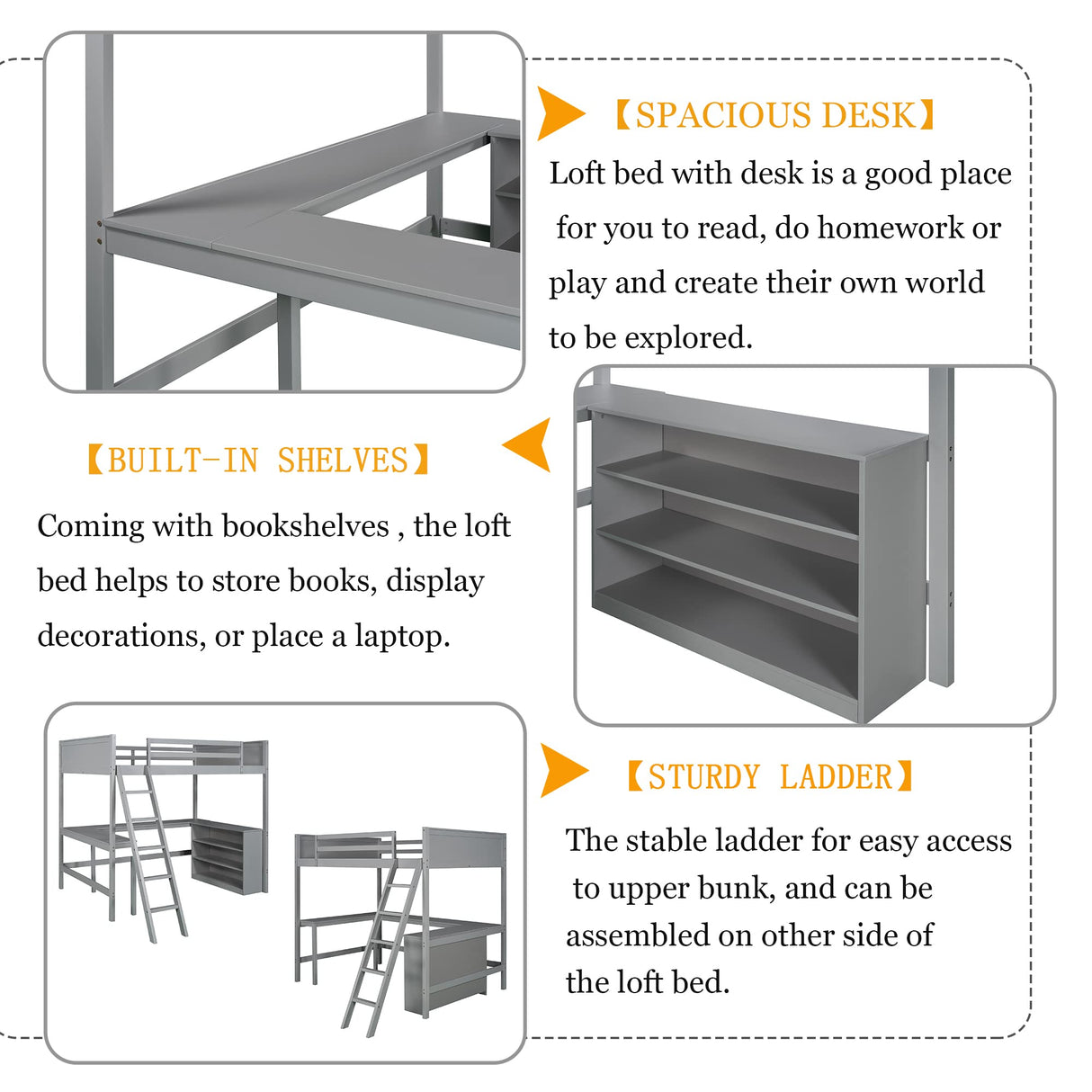 Loft Bed, Full Loft Bed with Desk and Shelves, Wooden Loft Bed Full with Desk Underneath