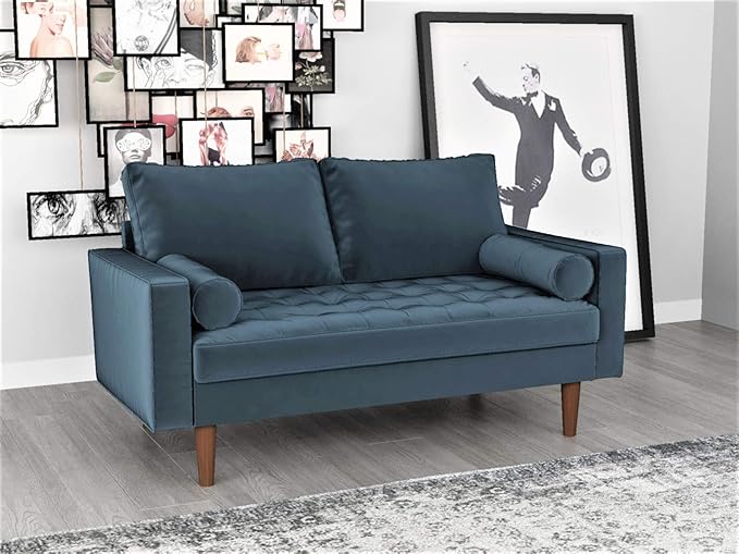 Womble 58 Inch Velvet Loveseat Sofa with Elegant Button Tufted Upholstery, Square Arms, Splayed Wood Legs, Includes Matching Bolster Pillows, Steel Blue