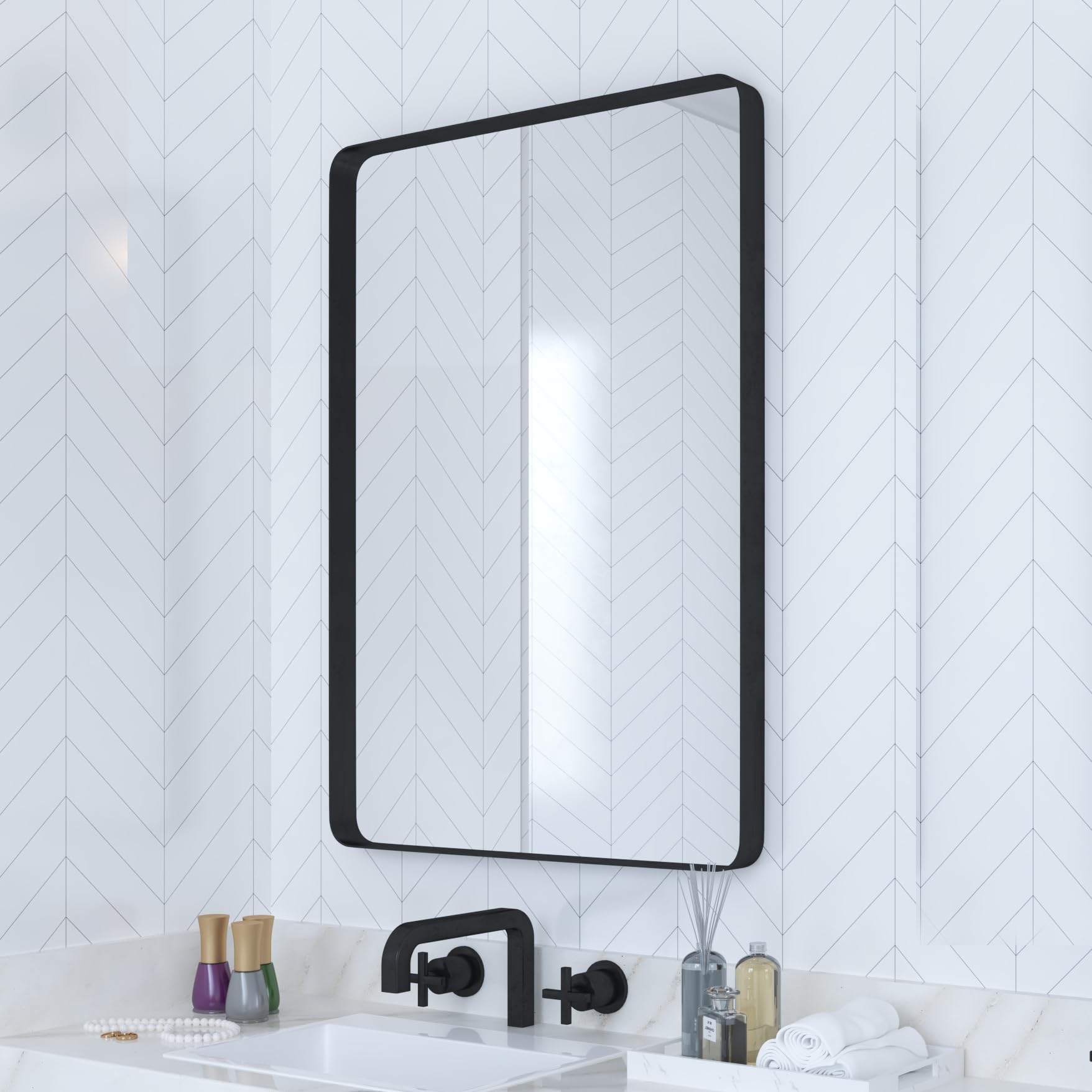 Black Bathroom Mirror for Wall,  Rounded Rectangle Metal Framed Bathroom