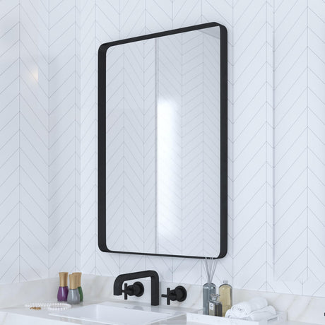 Black Bathroom Mirror for Wall, 18 x 26 Inch Rounded Rectangle Metal Framed Bathroom