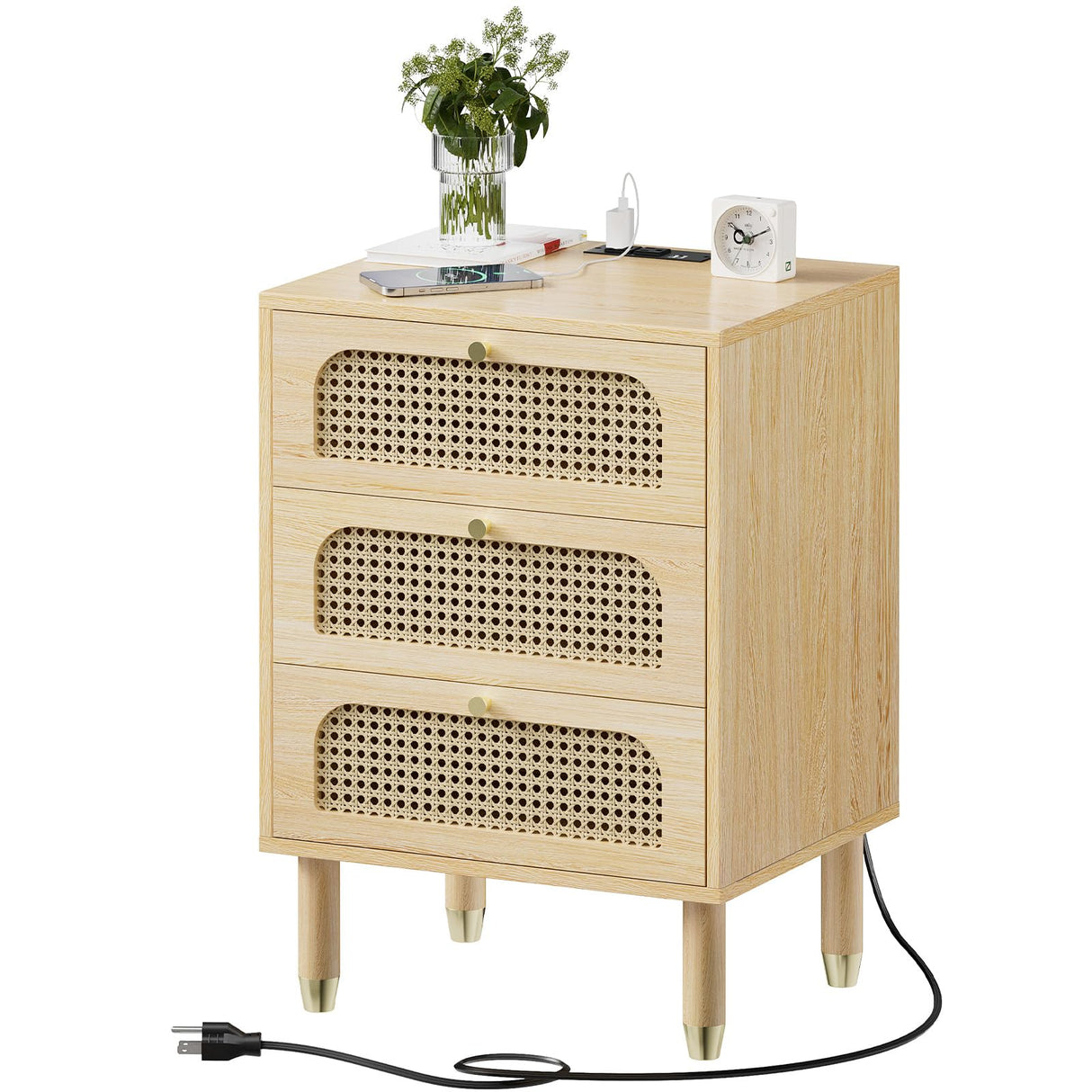 Rattan Nightstand Set of 2 with Charging Station, 27" Tall Oak Nightstand with 3 Drawers