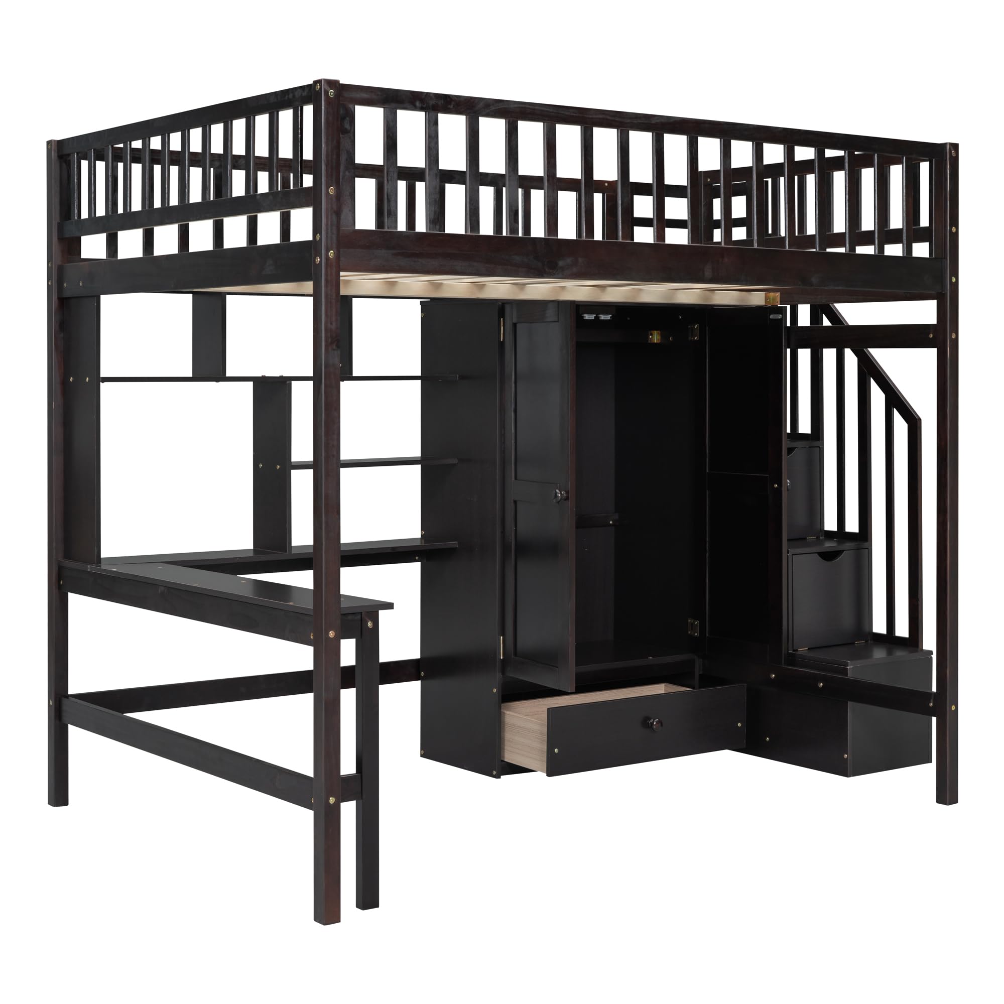 Loft Beds Stairway Loft Bed Frame with Wardrobe, Desk, Bookcase and Drawers, Espresso