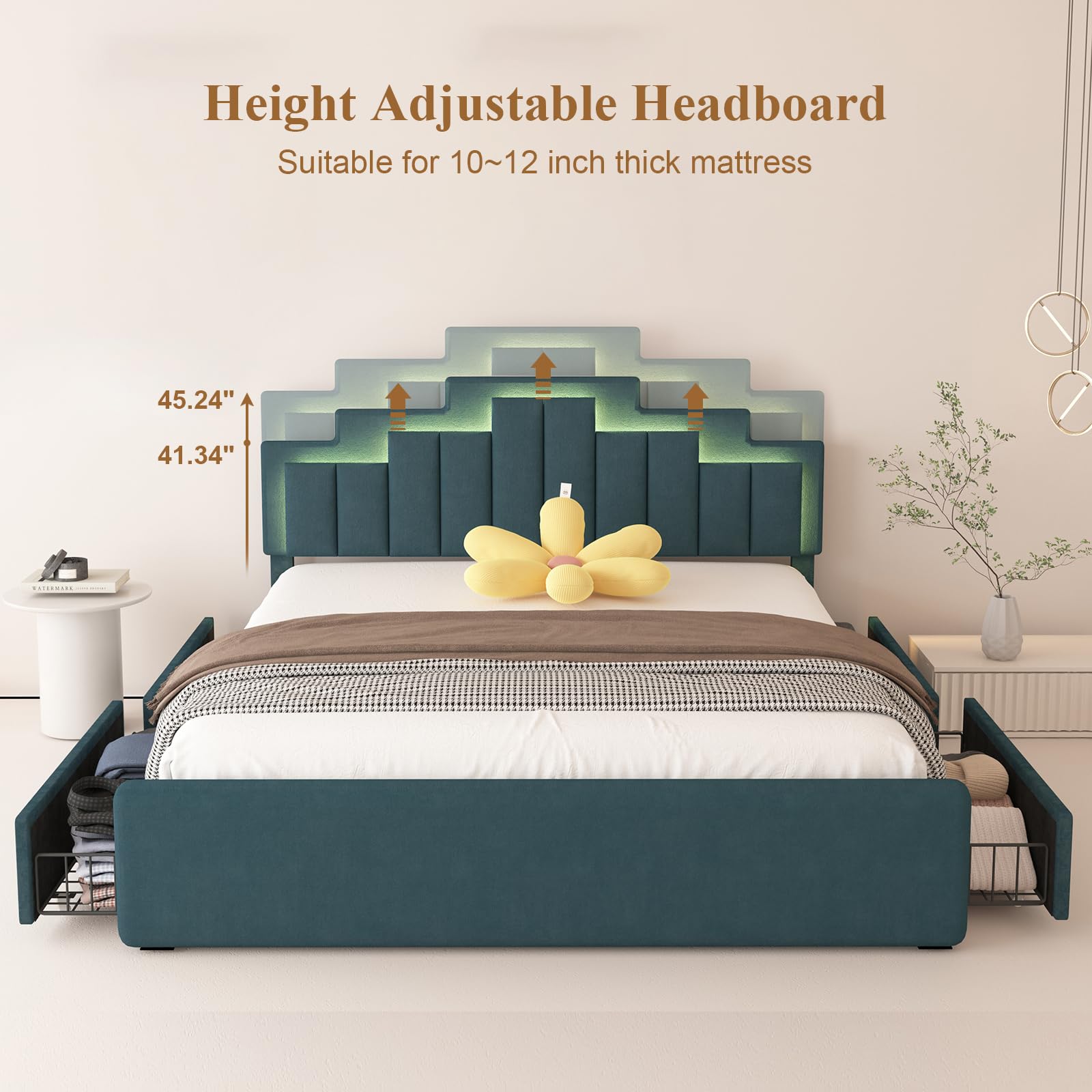 Full Size Bed Frame with Adjustable Headboard, Upholstered Platform Bed with 4 Stoarge Drawers and LED Lights, 60,000 Color, App or Remote Control, Easy Assembly, Dark Green