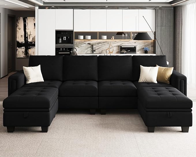 Velvet U Shaped Sectional Sofa Couch with Storage Ottoman Convertibel Sectional Sofa