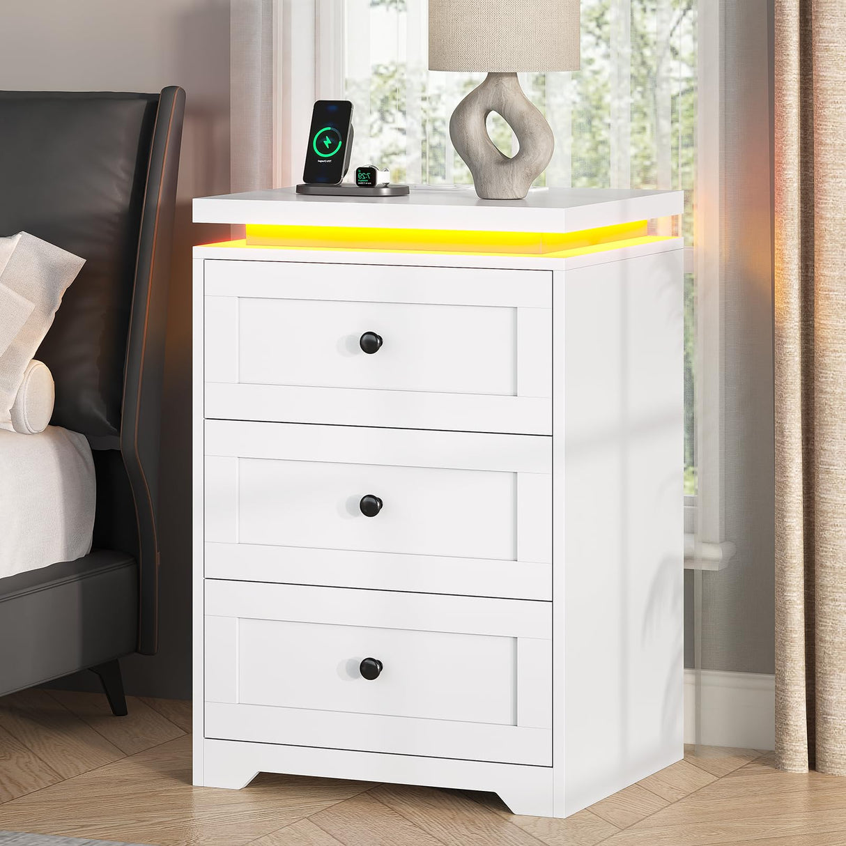 VIAGDO White Night Stand Set 2 with Charging Station, Nightstand Set of 2 with 3 Storage Drawers, Modern LED Nightstands with Lights, Large Bedside Tables with USB Ports and Outlets for Bedroom, Dorm