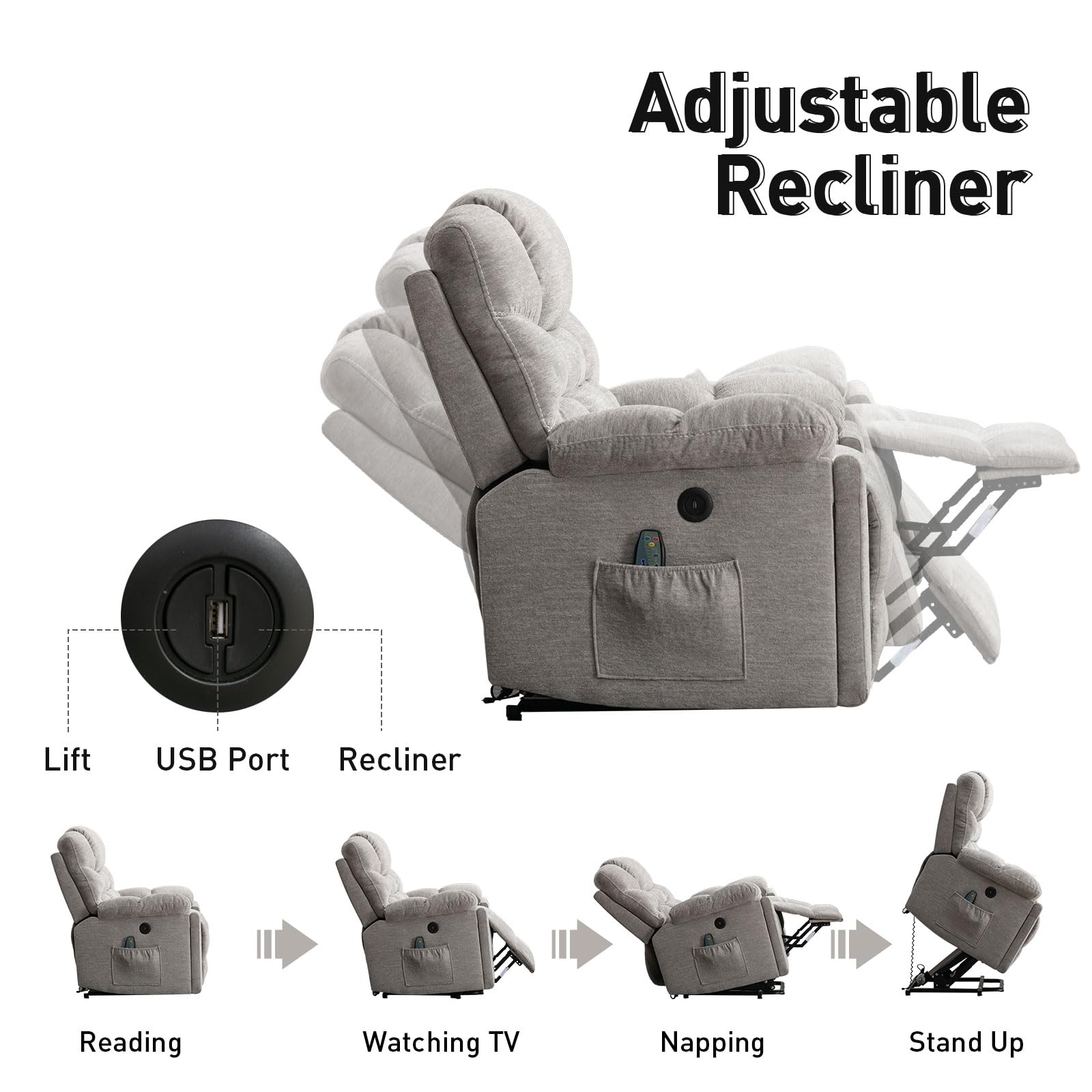 StoneCraft Light Grey Power Lift Recliner Chair with Massage, Heat and Cup Holders