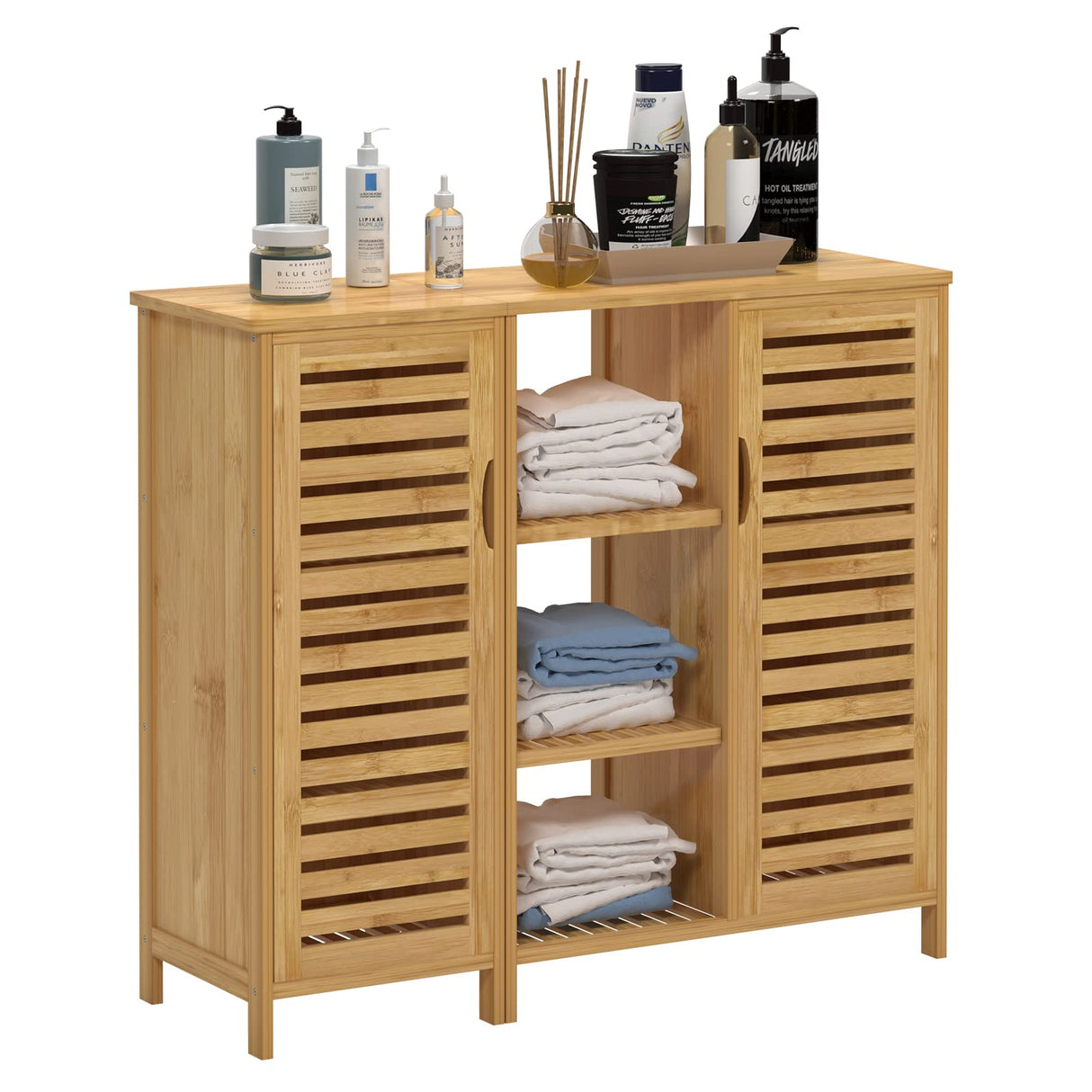 39.3 inch Bathroom Storage Cabinet, Floor Cabinet with 2 Doors and 3-Tier Open Shelf,