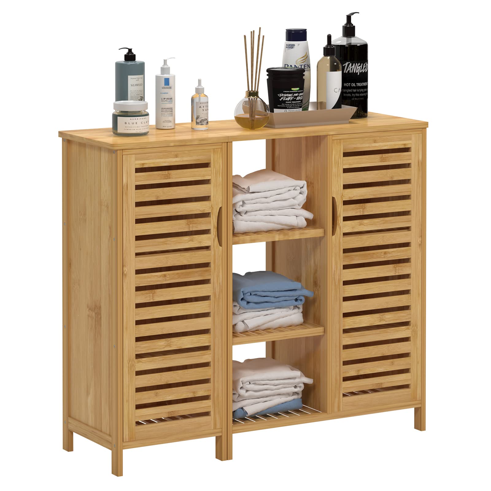 39.3 inch Bathroom Storage Cabinet, Floor Cabinet with 2 Doors and 3-Tier Open Shelf,