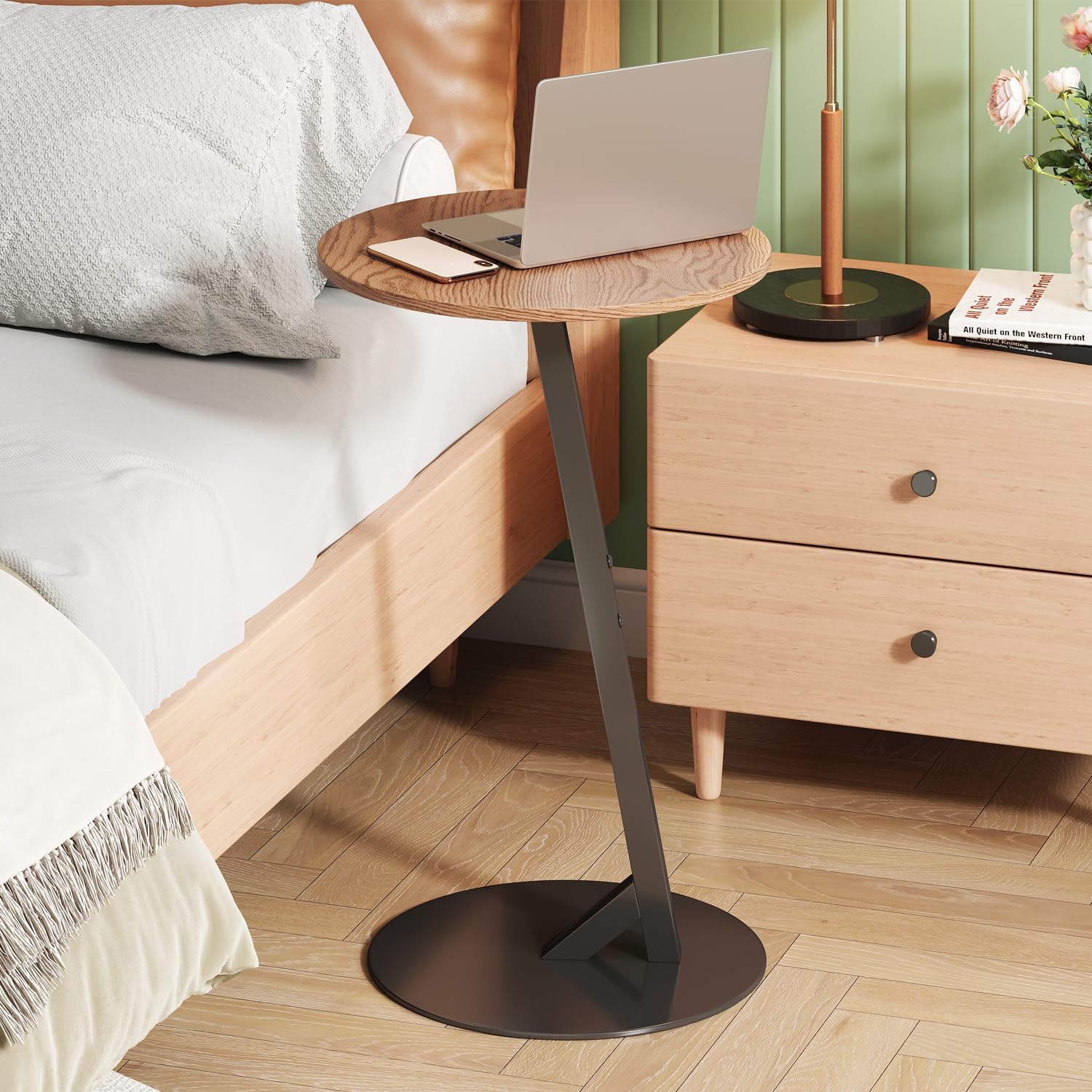 Round Side Table, Small C Shaped End Table, Wood Sofa Table