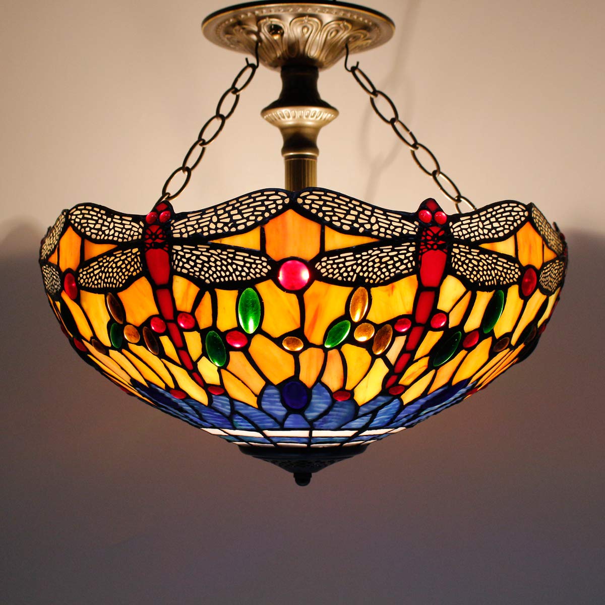 Tiffany Dragonfly Ceiling Light - 16 Inch Stained Glass Semi Flush Mount